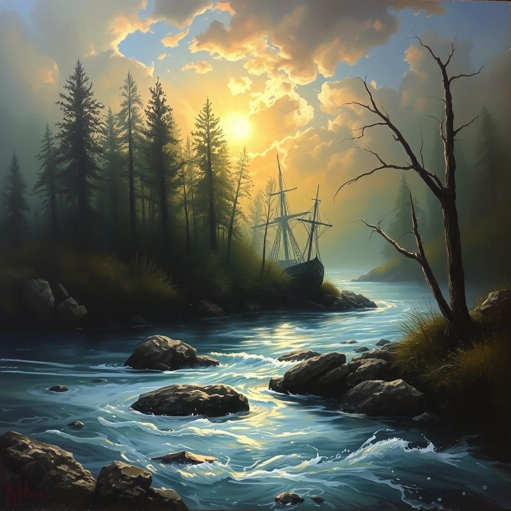 Hope Illuminates the River's Dark Mists in a Dreamy Oil Pain...