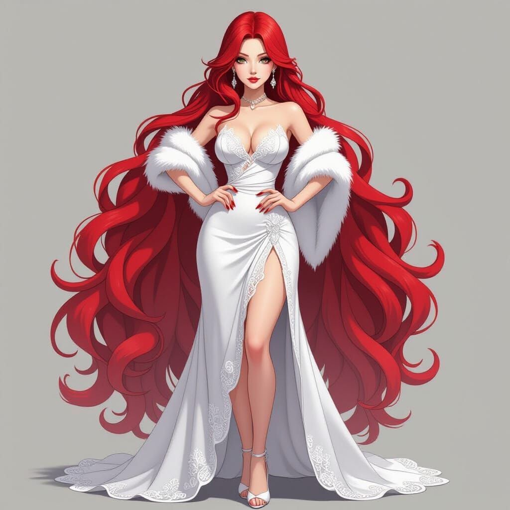 Anime Woman in White Gown with Red Hair