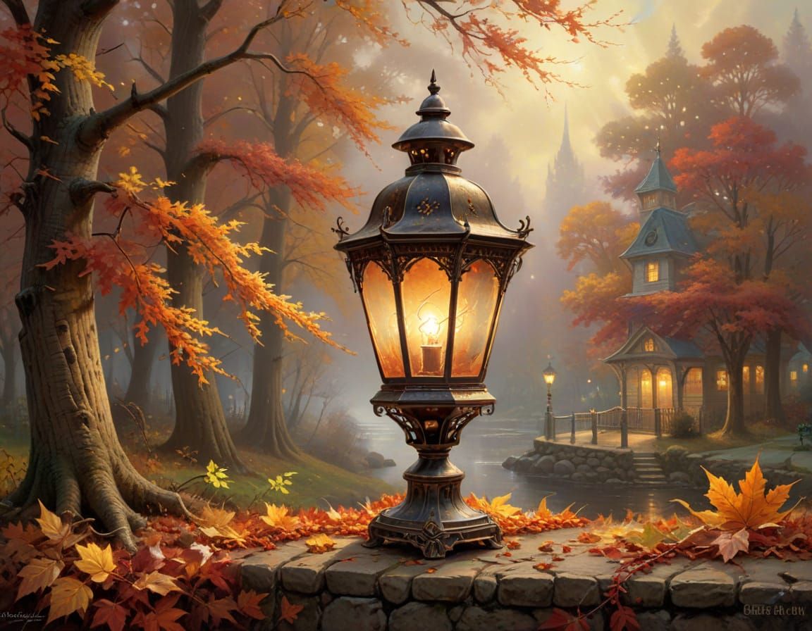 Victorian Lantern in Autumn Leaves Oil Painting