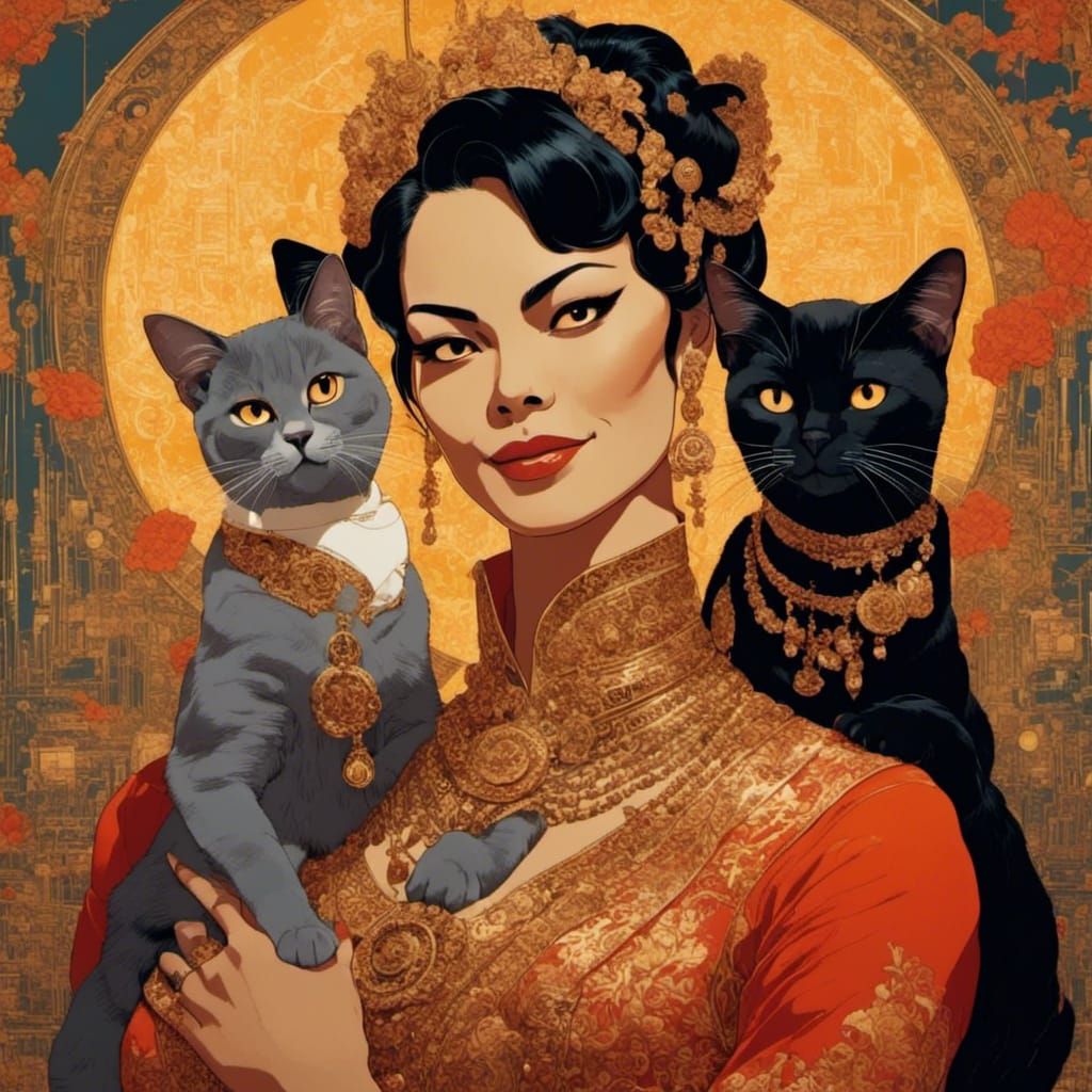 Laughing Woman with Cats in Cyberpunk Cafe