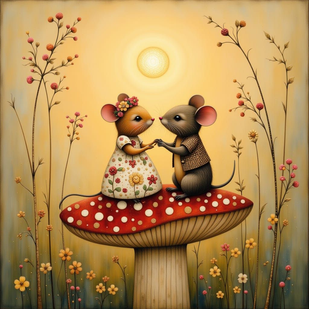<lora:Shadow whimsy:1.0>   2 tiny mice are sitting on top of a toadstool. The lady mouse had a Laura Ashley dress on and...