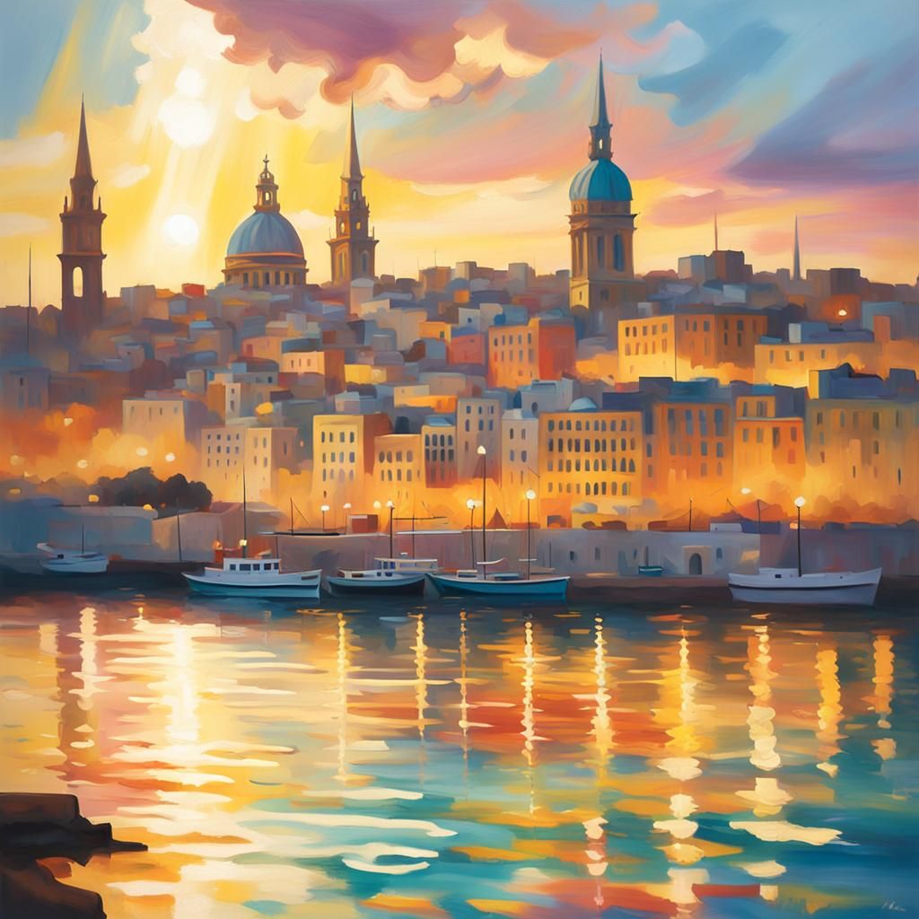 Valletta Skyline Sunset: Impressionist Oil Painting
