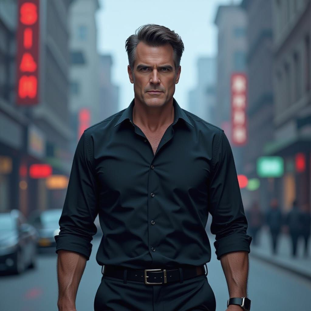 Bruce Campbell Heroic Pose in Noir Sci-Fi Style