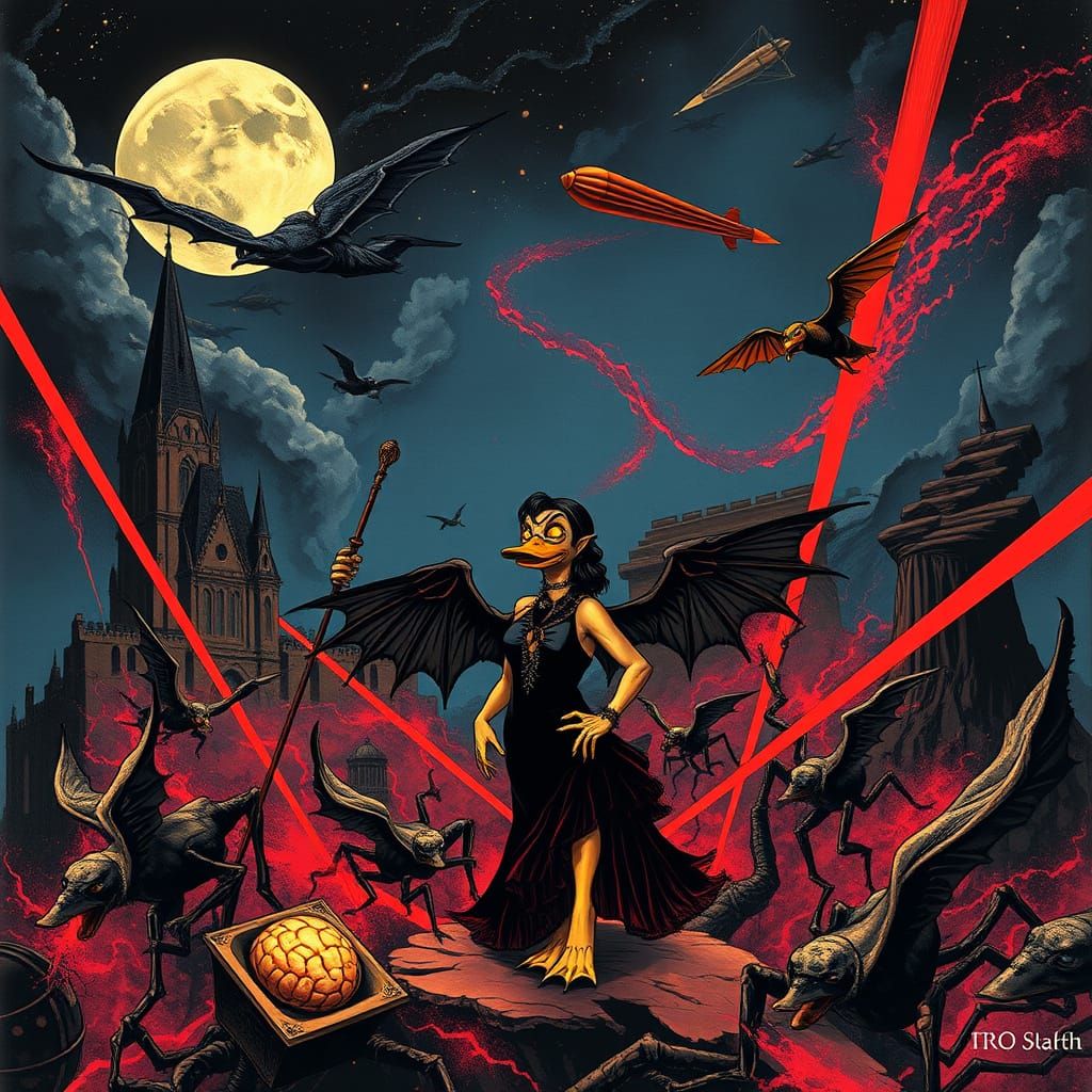 Vampiric Duck in Gothic Horror Dreamscape