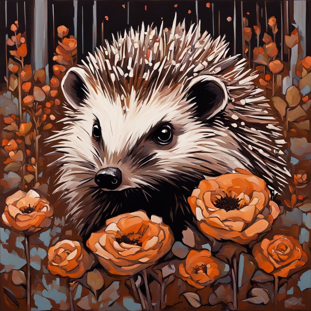 Melancholic Hedgehog with Roses in Brown Oils