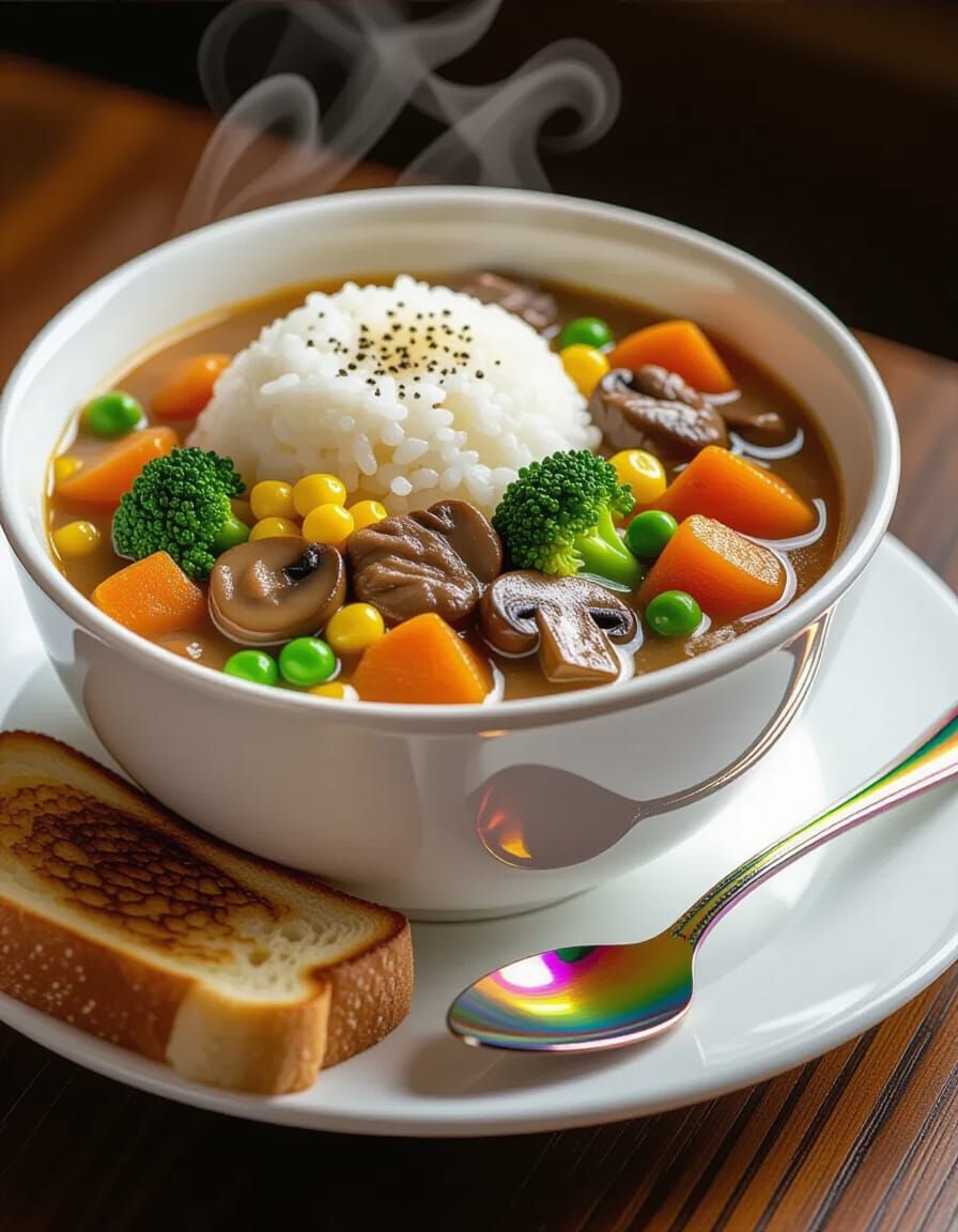 Steaming Beef Stew and Grilled Cheese Meal