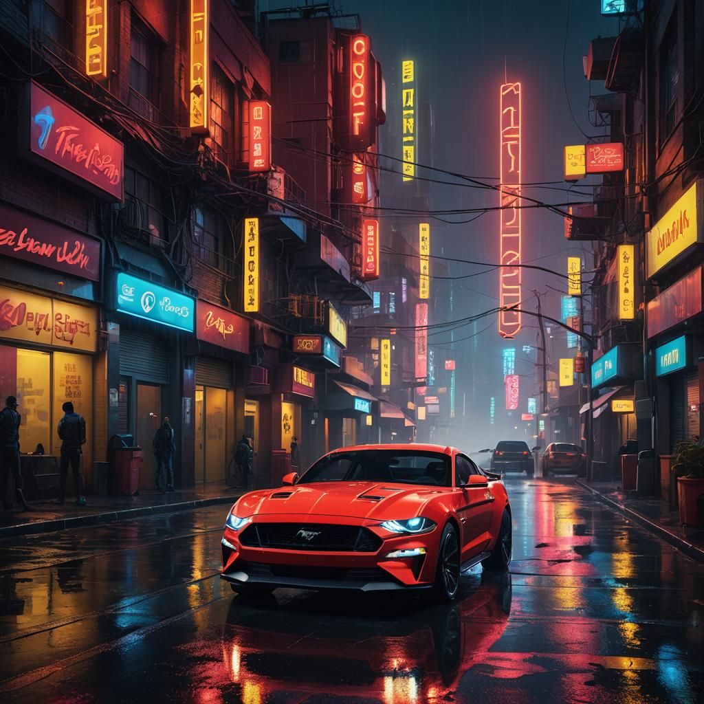 Red Mustang in Cyberpunk Neon Cityscape