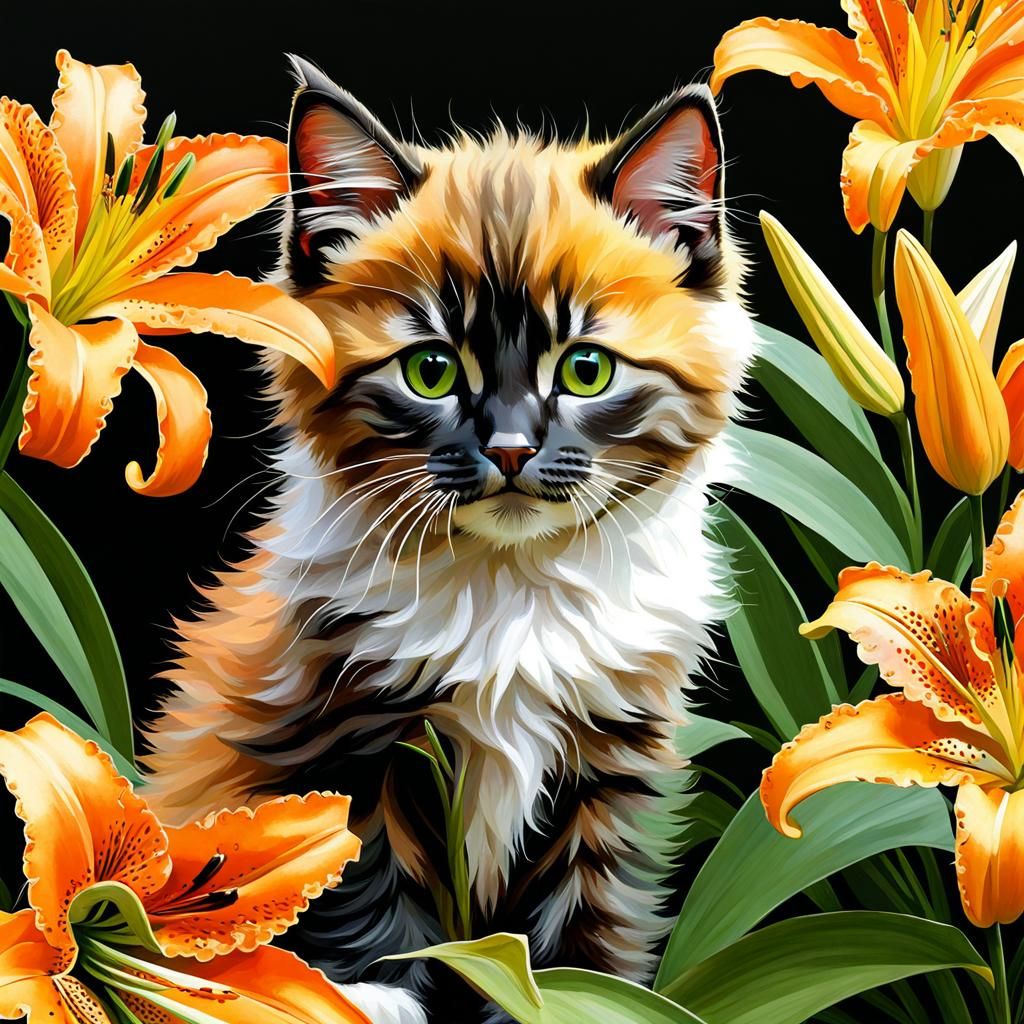 Fluffy Kitten Among Lilies in Classical Style
