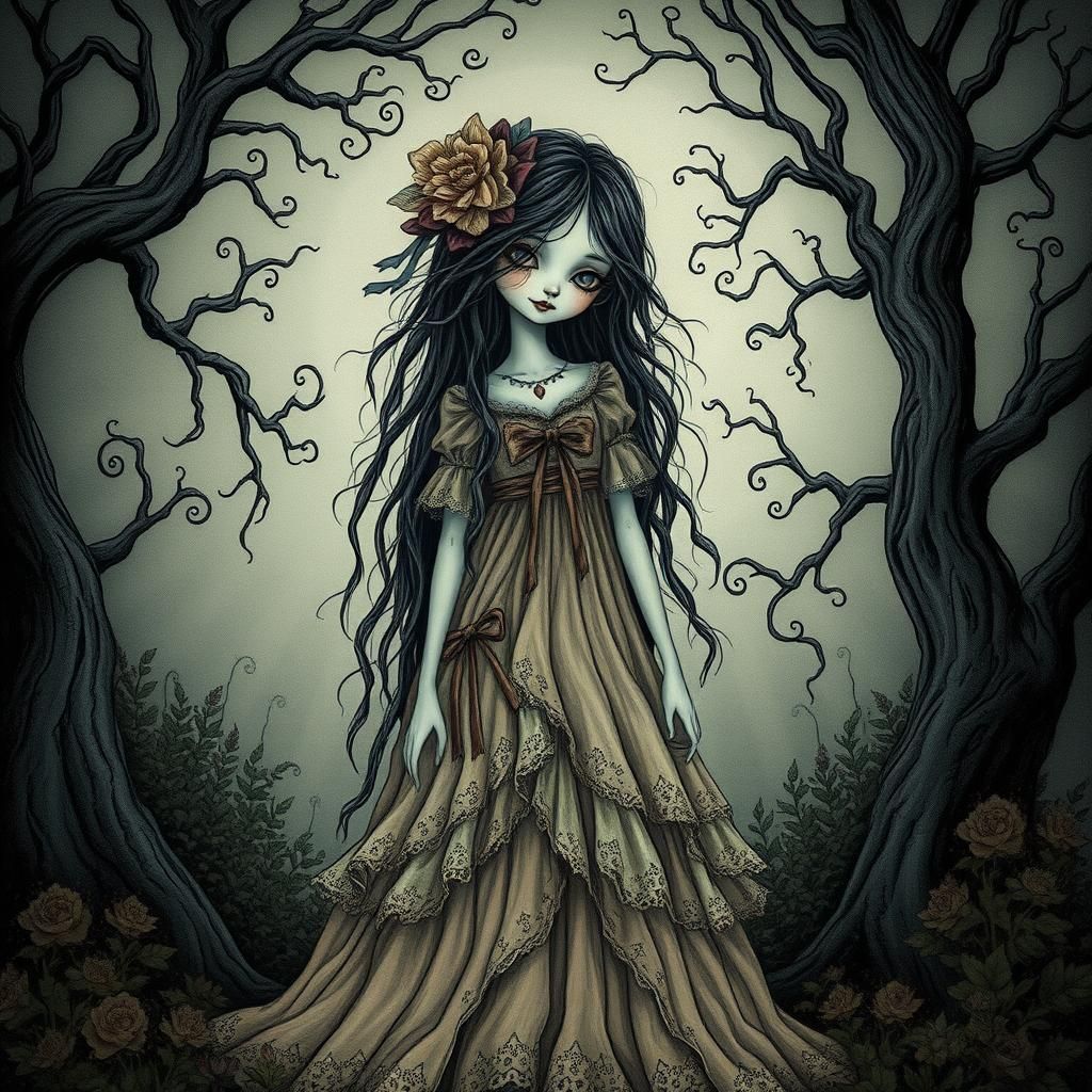 Eerie Elegant Girl in Eerie Forest, Gothic Art