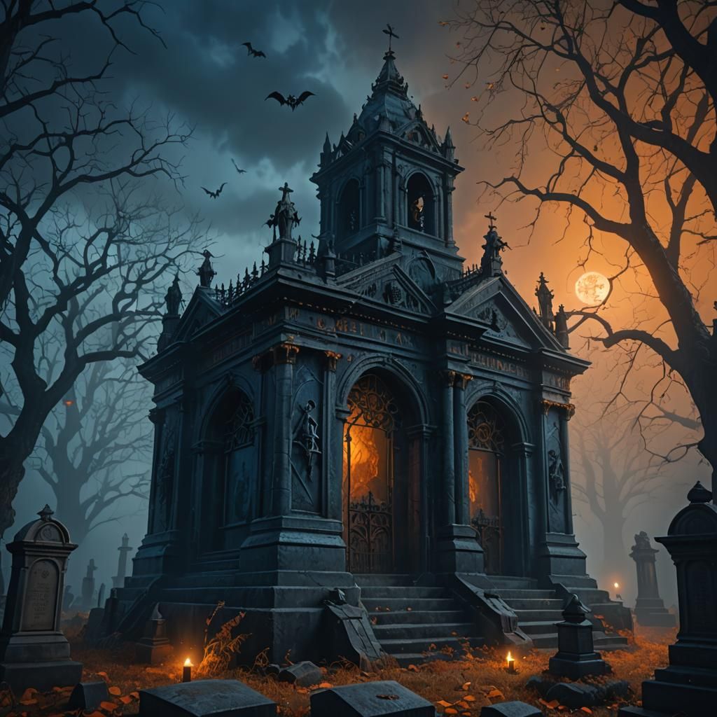 Eerie Mausoleum in Foggy Graveyard, Gothic Concept Art