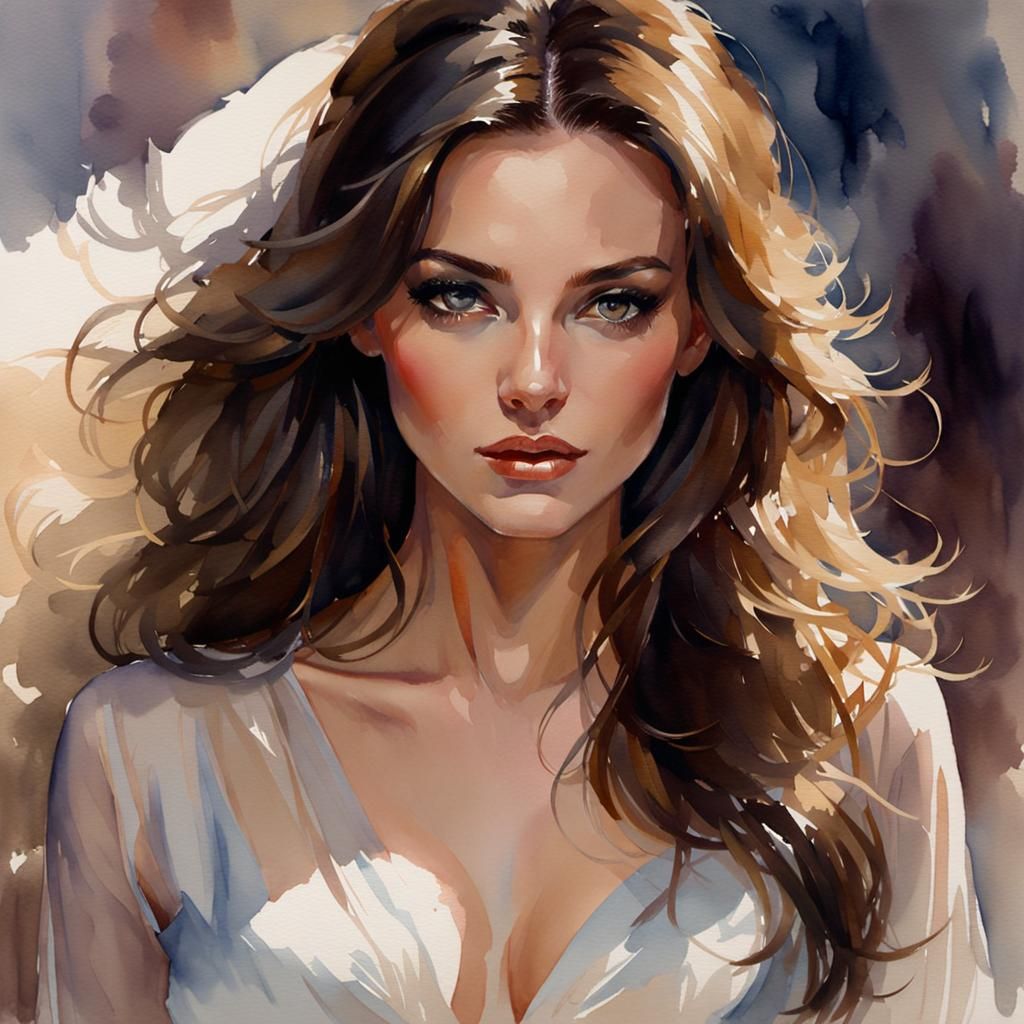 Brunette Woman Portrait in Wet Gouache Style