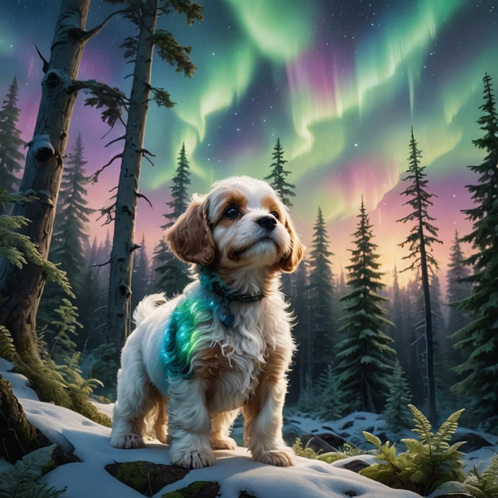 Cavachon Puppy Discovers Northern Lights: Fantasy Concept Ar...