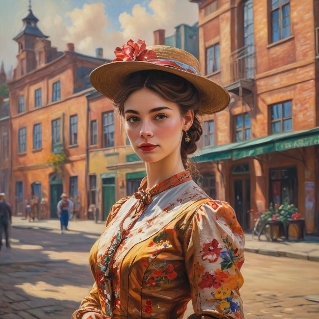 Woman in Exquisite Outfit: Impressionist Oil Painting