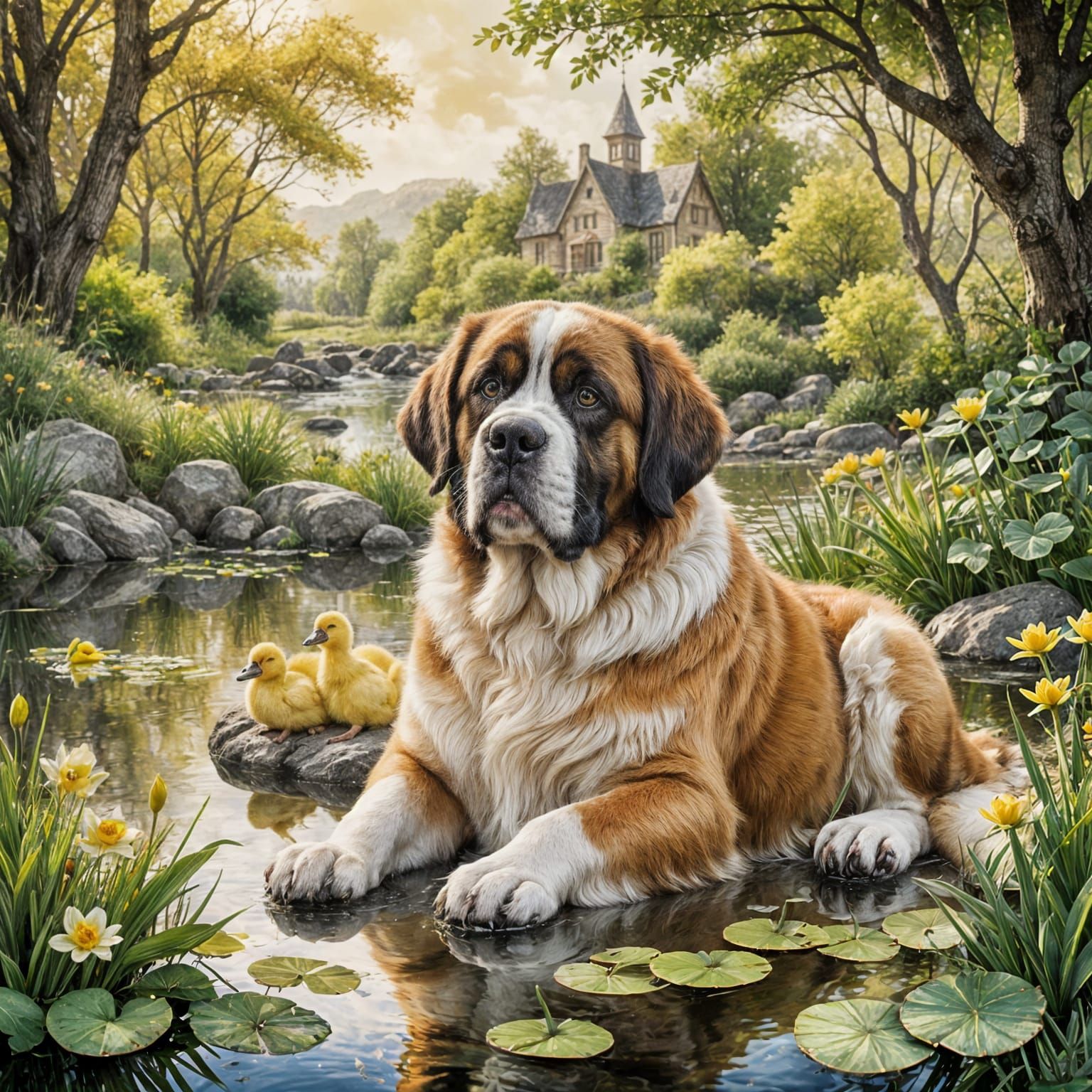 Saint Bernard Surrounded by Quacking Ducklings