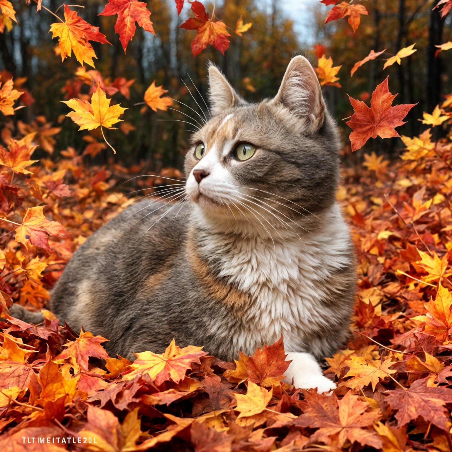Autumn Cat in Fall Leaves and Lava