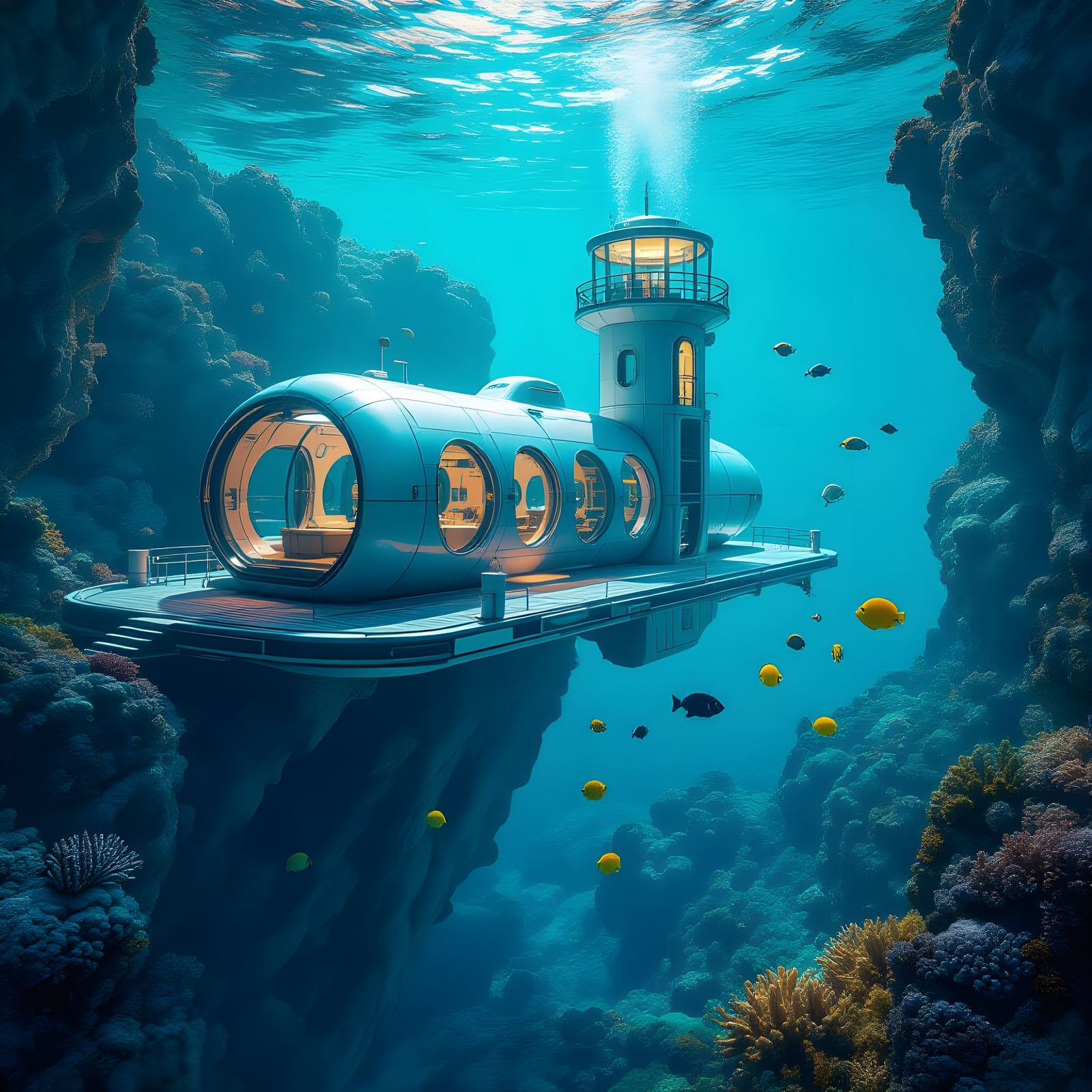 Hyperrealistic Underwater Cliffside House with Submarine Doc...
