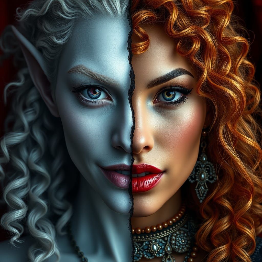 Mystical Being: Bisected Portrait in High-Fantasy Style