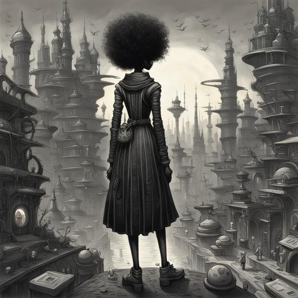 Gothic Girl in Futuristic City, Burton and Doré Style