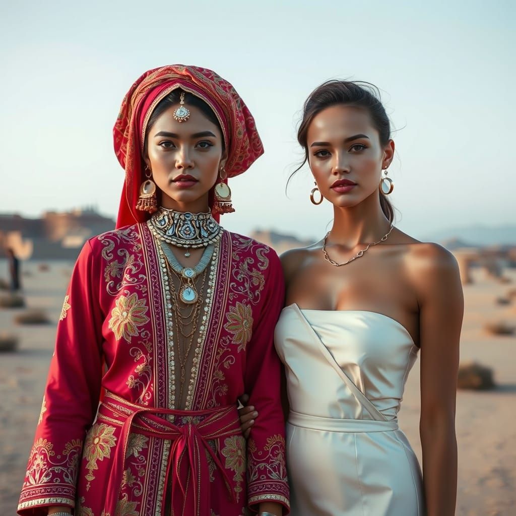 Women in Traditional and Modern Attire in Desert Landscape
