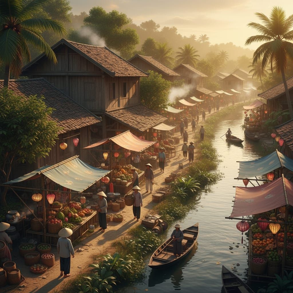 Photorealistic Vietnamese Village on a Riverbank