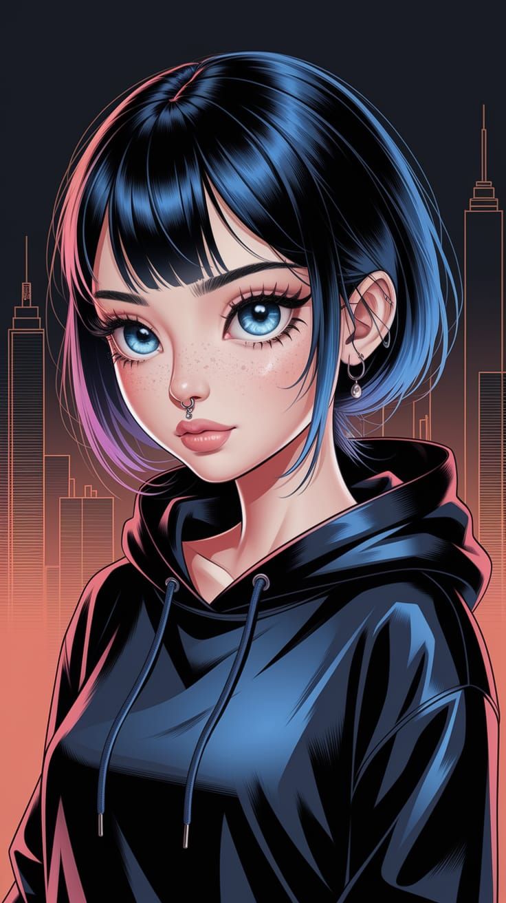 Anime Girl Portrait with Blue Eyes and Septum Piercing