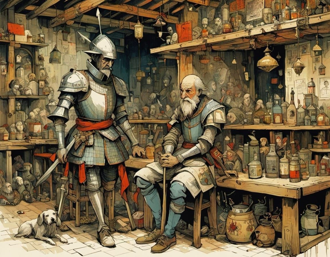 Don Quixote Knighted in Ancient Tavern, Intricate Maximalist...