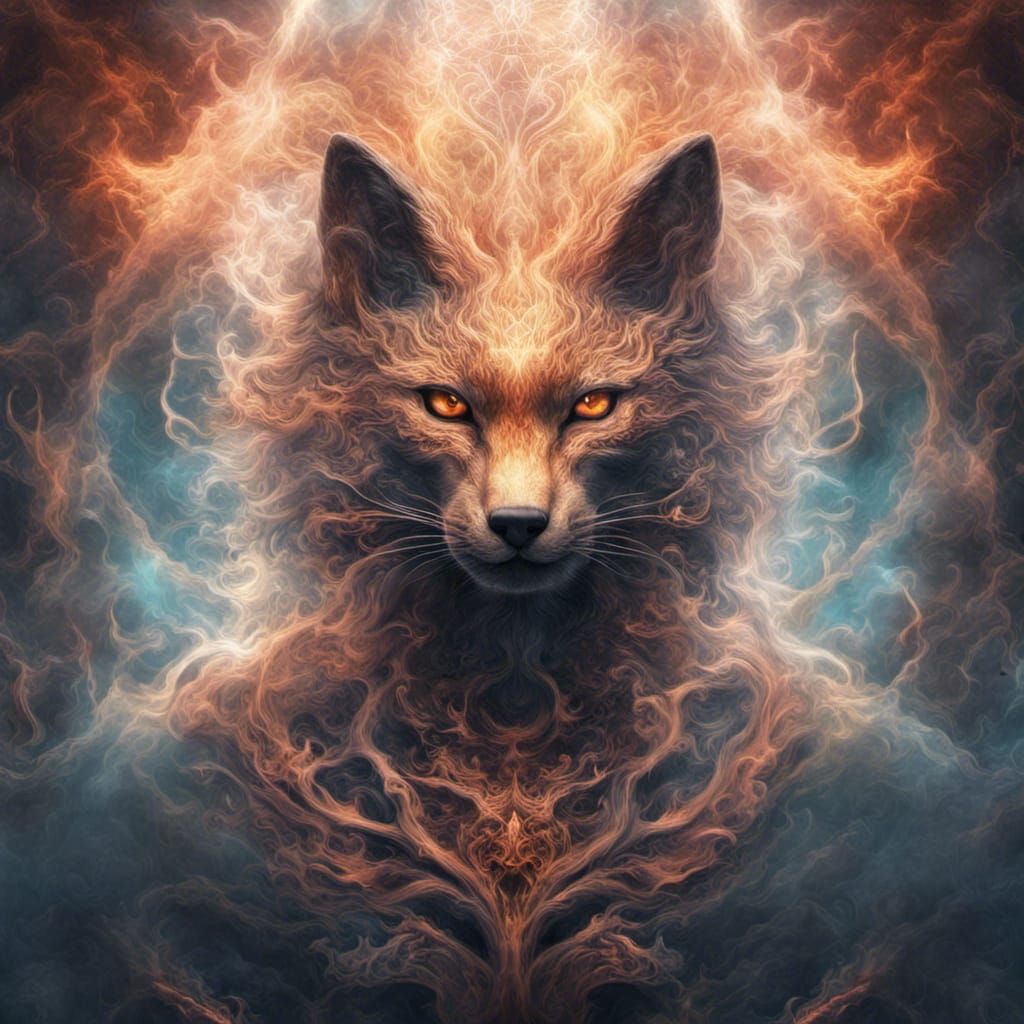 Cosmic Kitsune with Yggdrasil Motif in HDR