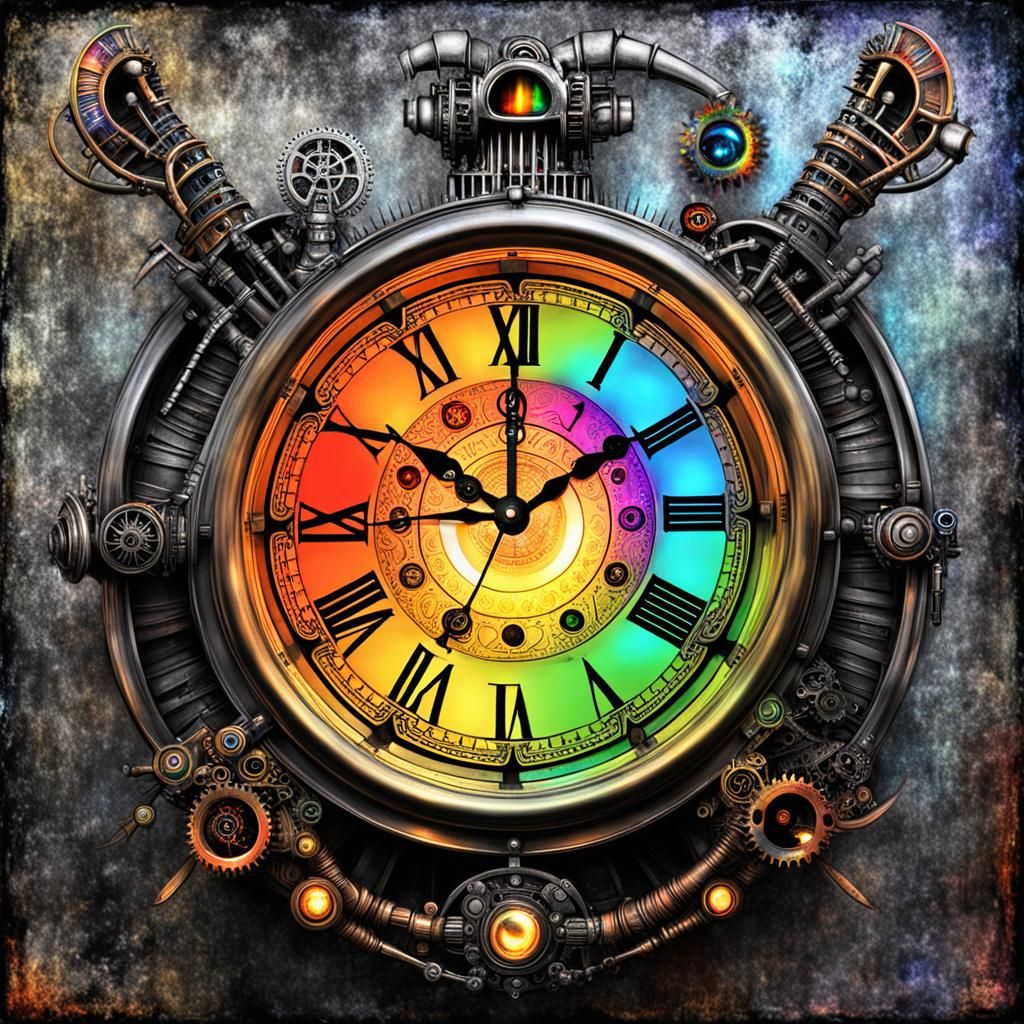 Rainbow Steampunk Clock in Sci-Fi Horror Style