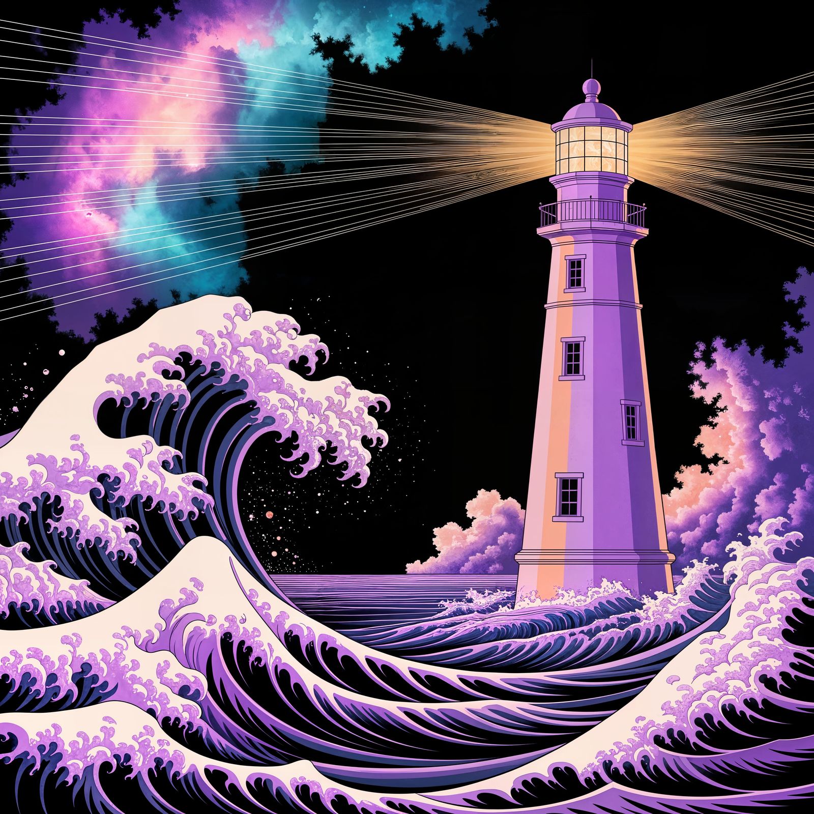 Pastel Lighthouse in Cosmic Seascape