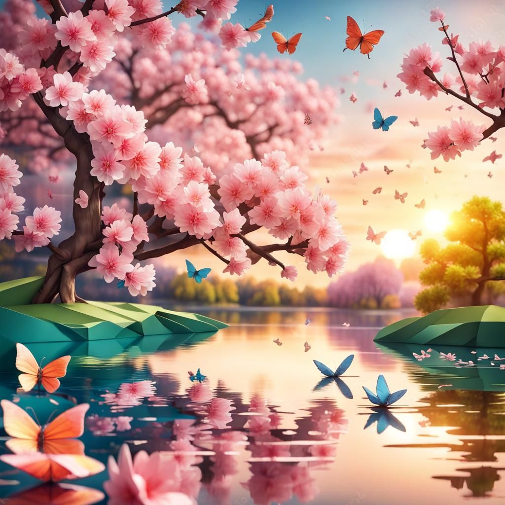 Cherry Blossom Tree with Butterflies in Origami Style