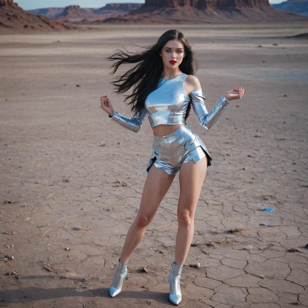 Futuristic Woman Dancing with Dark Hair and Blue Eyes