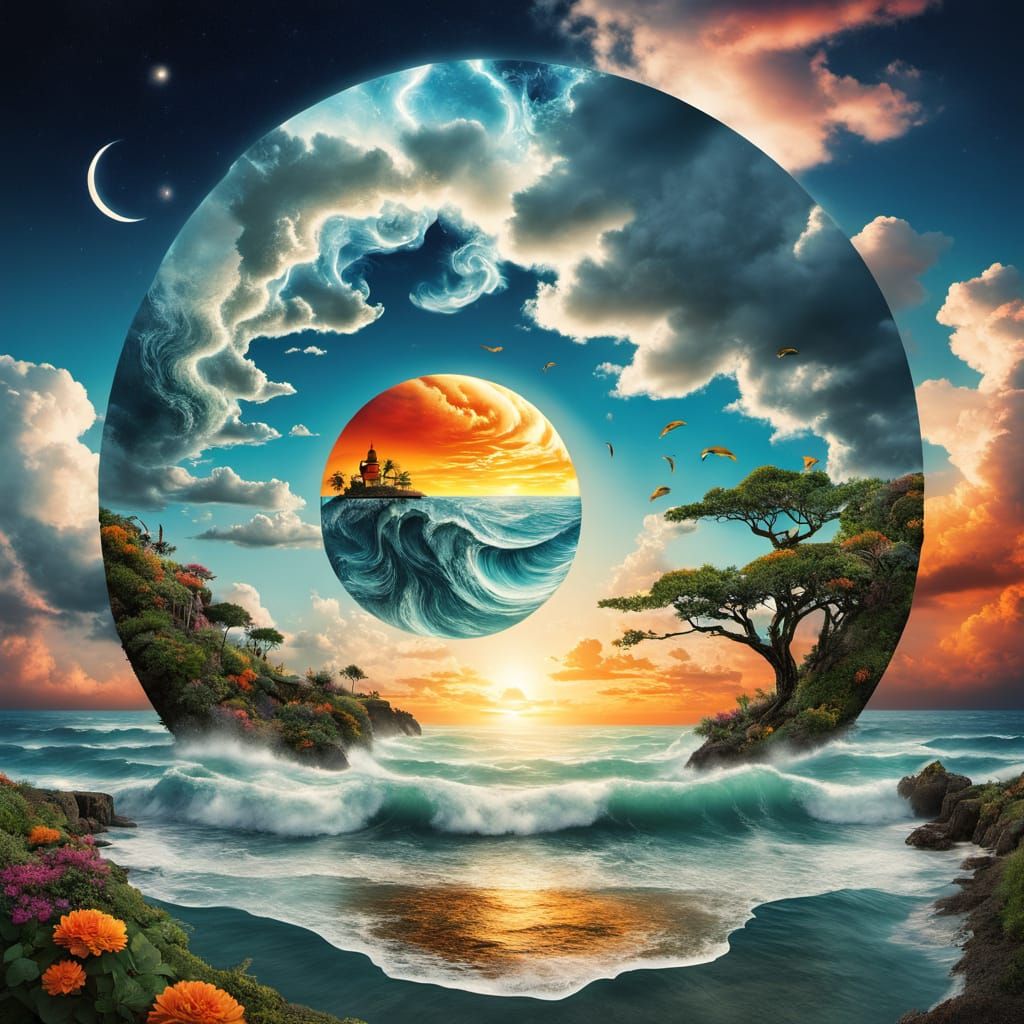 Surreal Stargate Landscape with Twisted Bonsai and Lighthous...