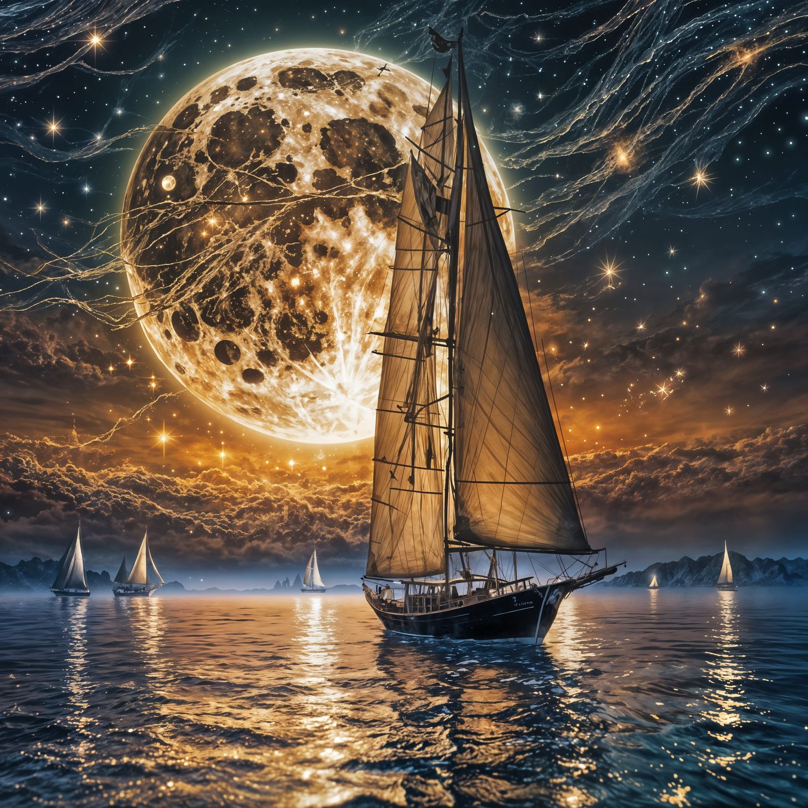 Golden Moonlit Sailboat in Impressionist Style