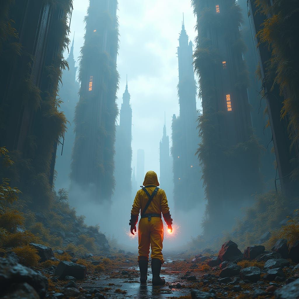 Post-Apocalyptic Figure with Glowing Orb in Ruined City