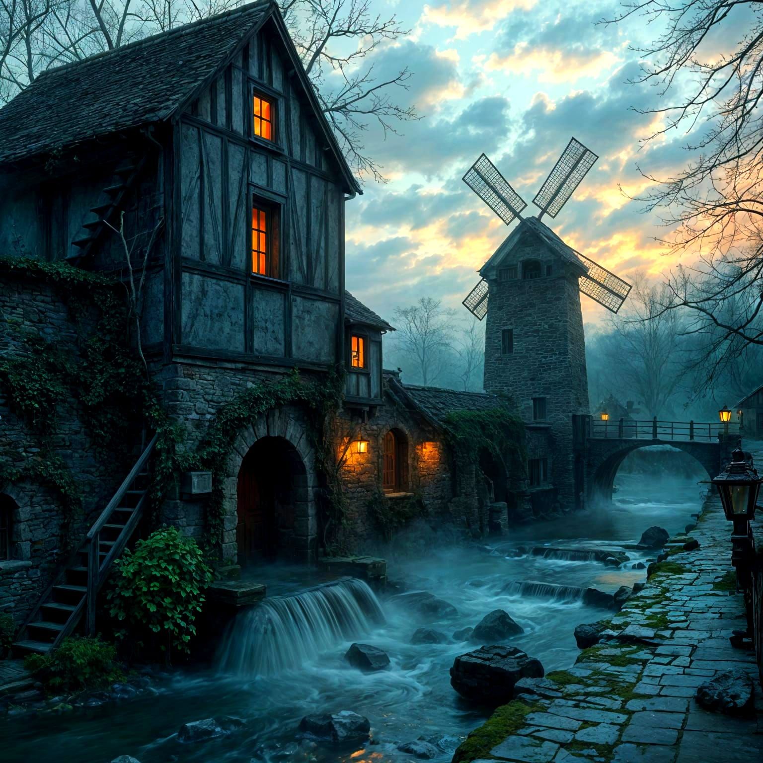 Whimsical Watermill in Soft Evening Light