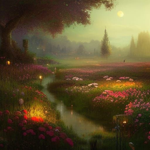 Romantic Flower Garden at Twilight: Digital Matte Painting