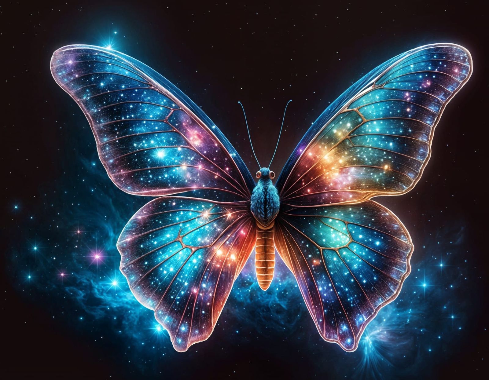 Nebula Butterfly with Cosmic Dust and Star Clusters