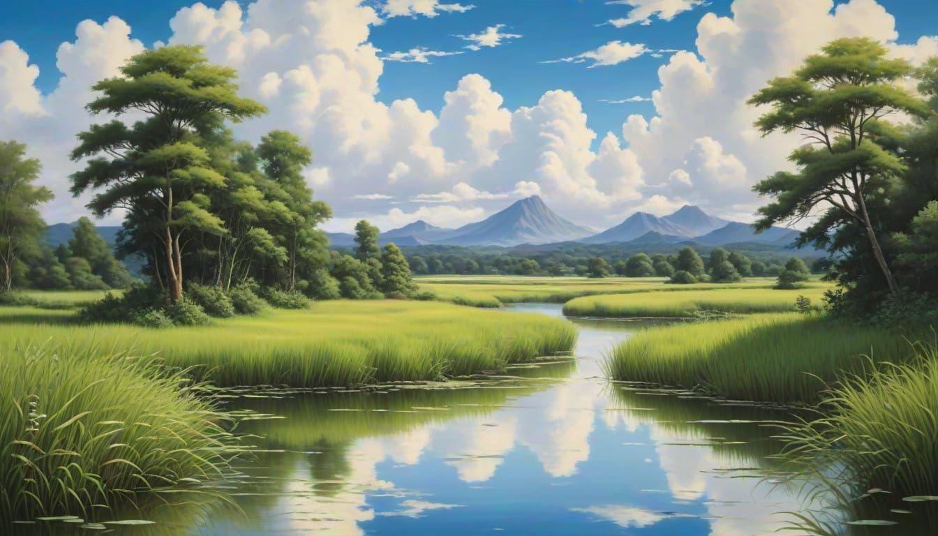 Whimsical Ghibli-Inspired Oil Painting of a Tranquil Pond La...