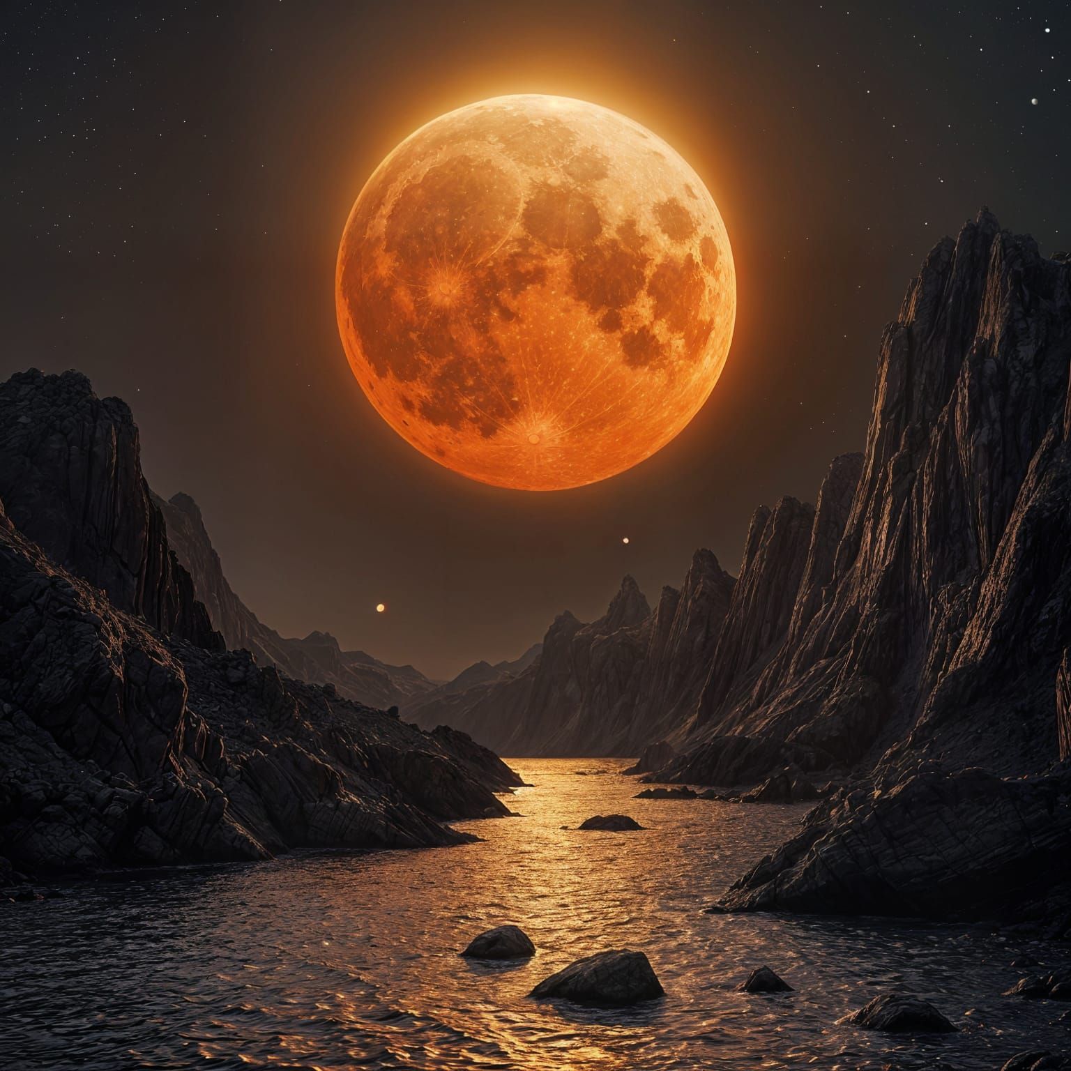 Vibrant Orange Moon Dominates Starry Night Sky