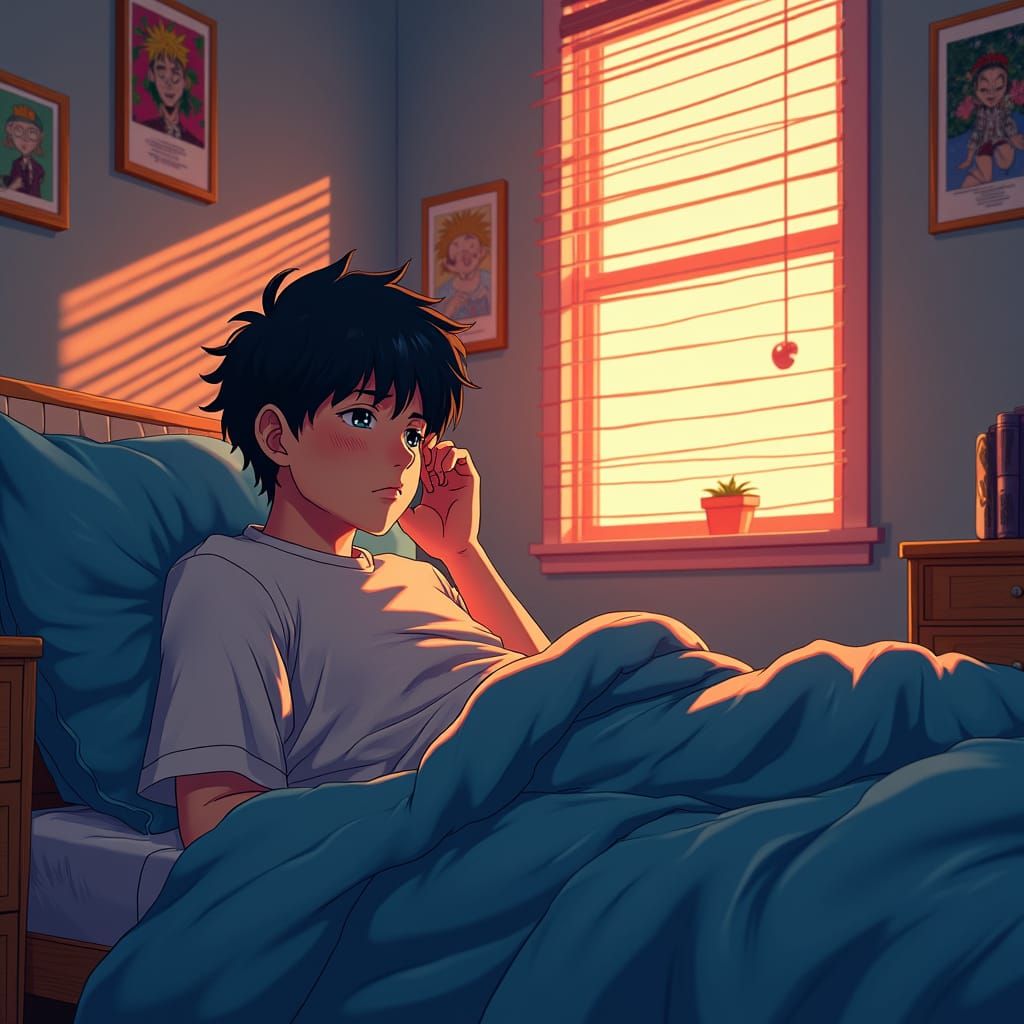 Teenager Waking Up in Cozy Anime Bedroom