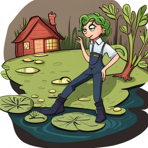 Nonbinary Frog Fashion Model in Pond: Digital Art