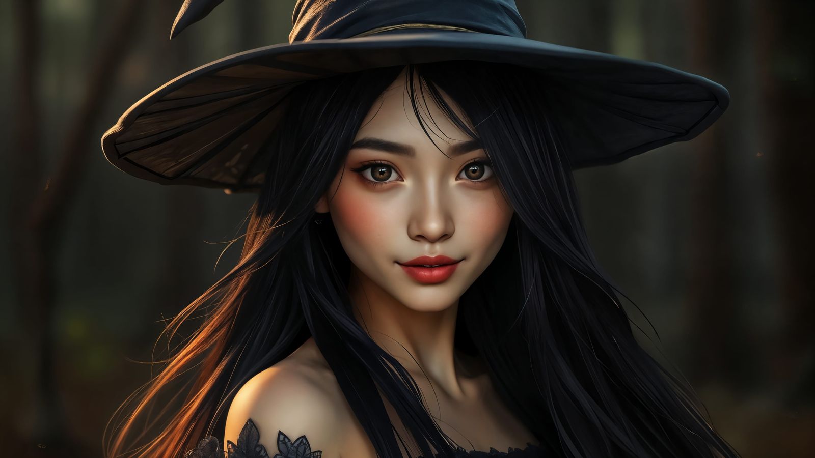 Beautiful Korean Witch in Dark Forest: Digital Art
