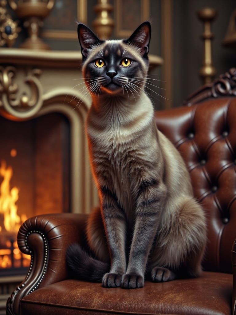 Majestic Siamese Cat by Fireplace in Matte Painting Style