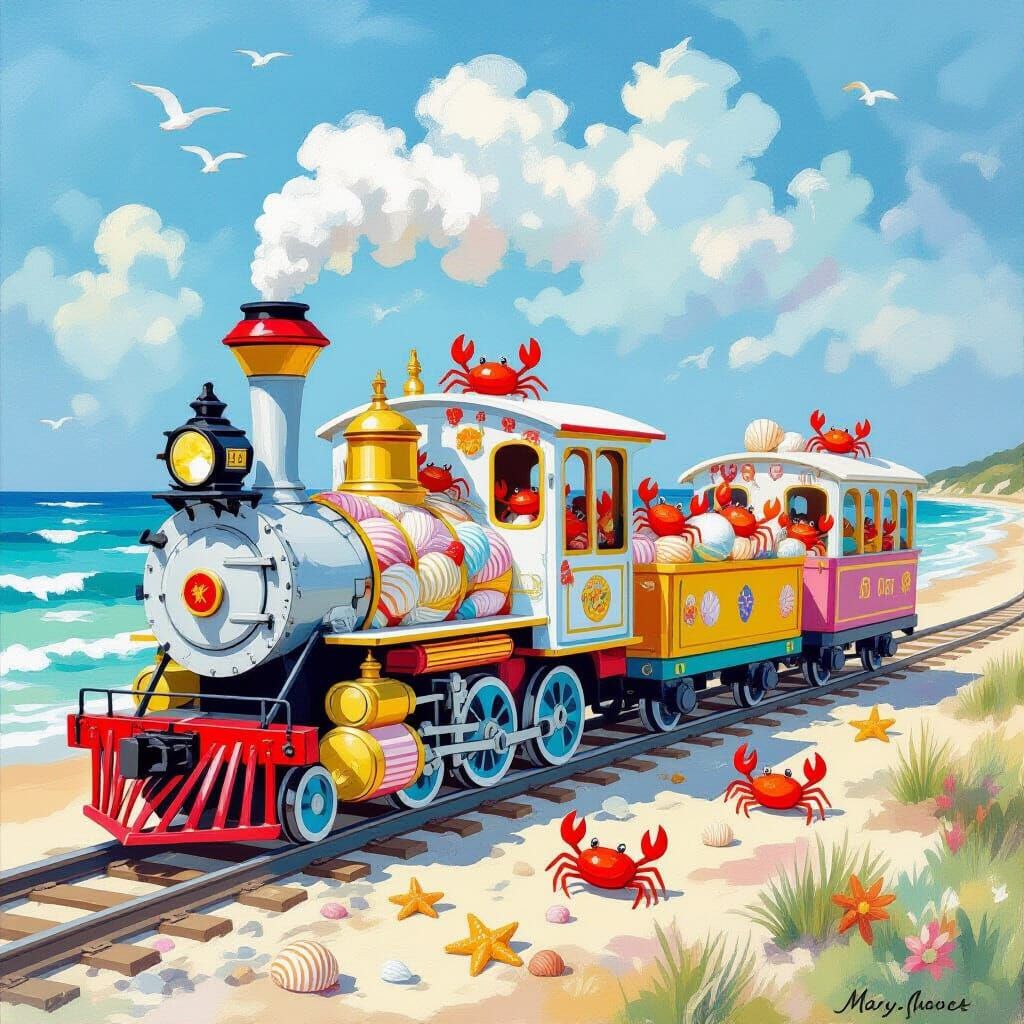 Seashell Train on a Beach, Impressionist Style