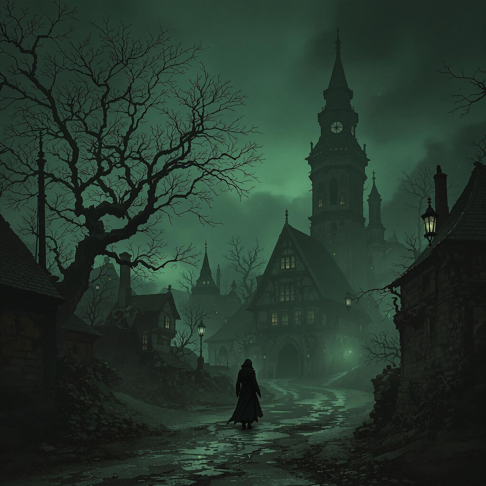 Desolate Victorian Town in Dark Green Mist