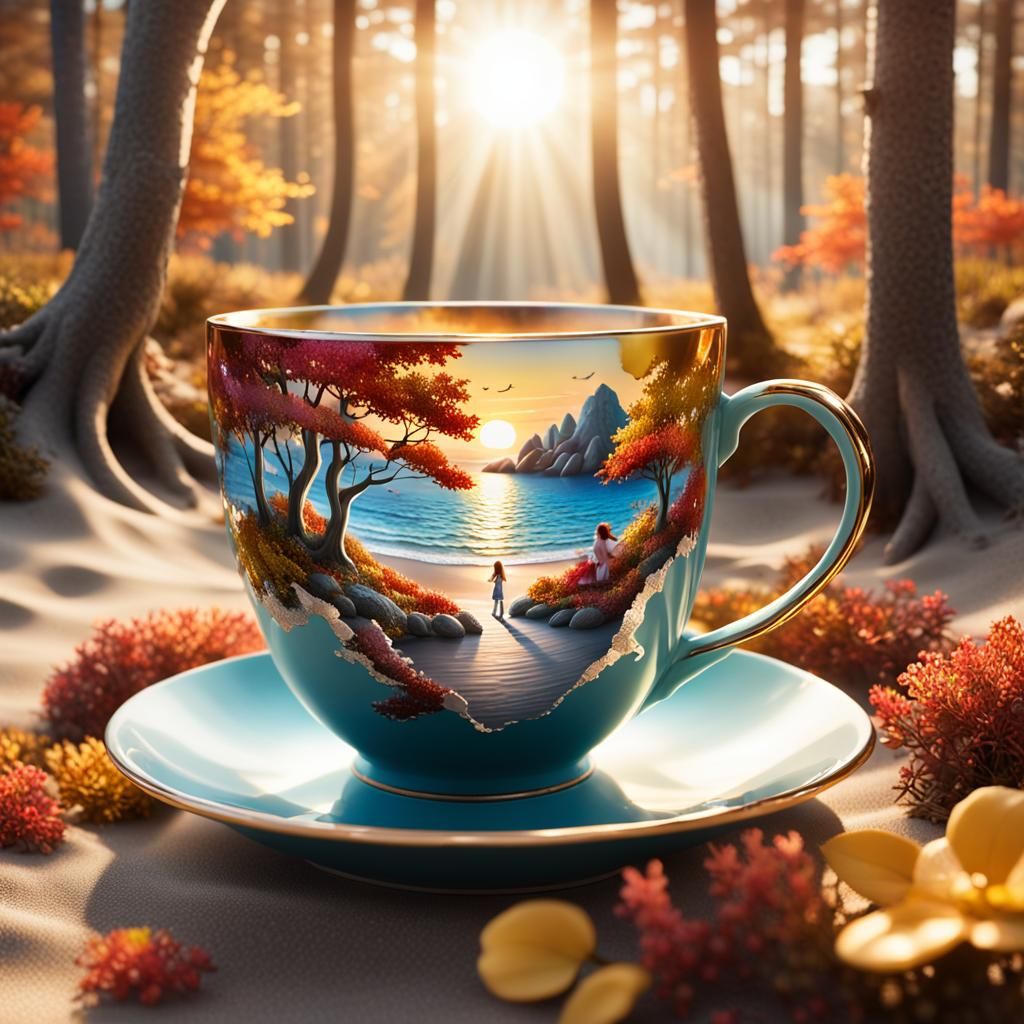 Metallic Teacup with Autumn Scene in 3D Bubble