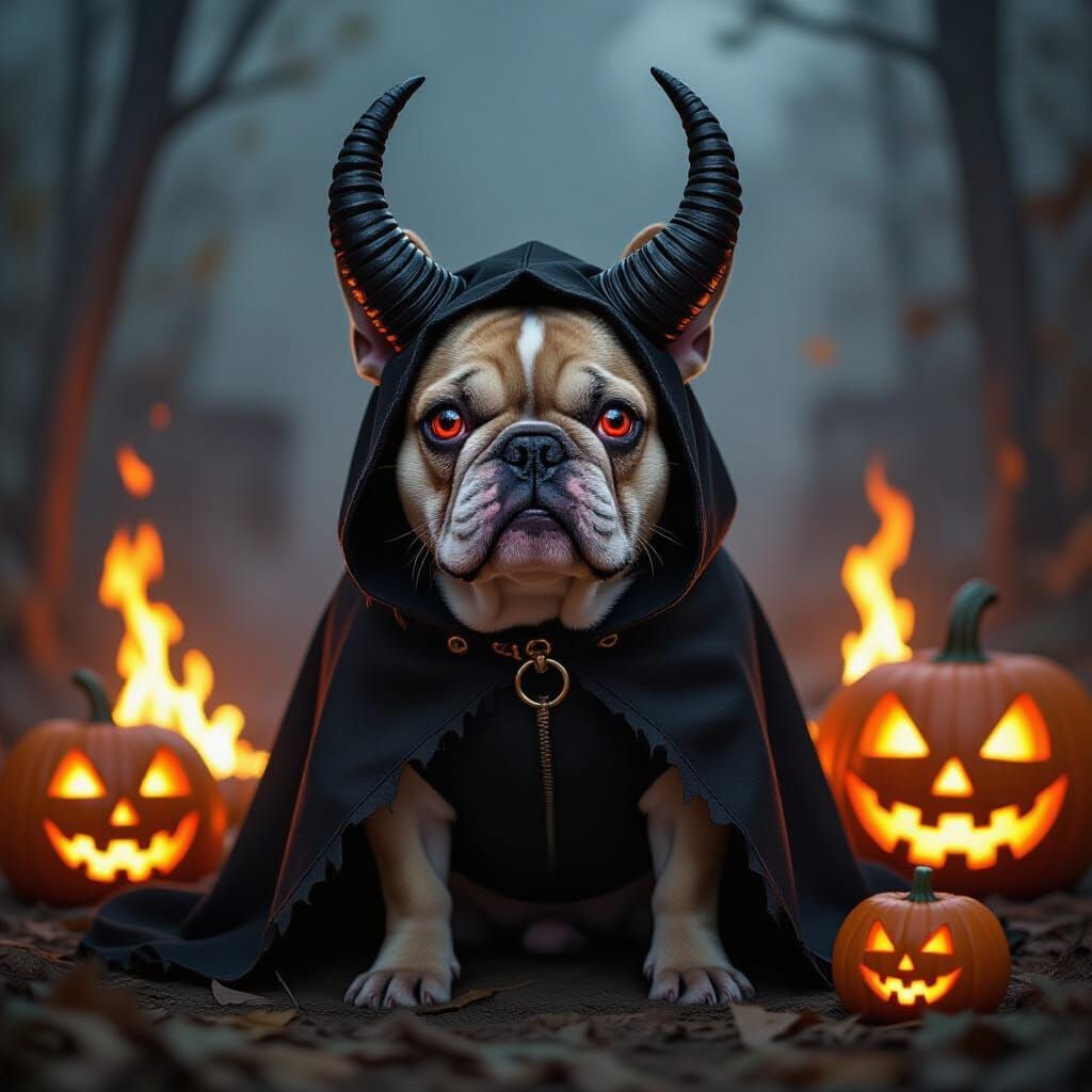 Demonic French Bulldog in Flames with Horns and Cape