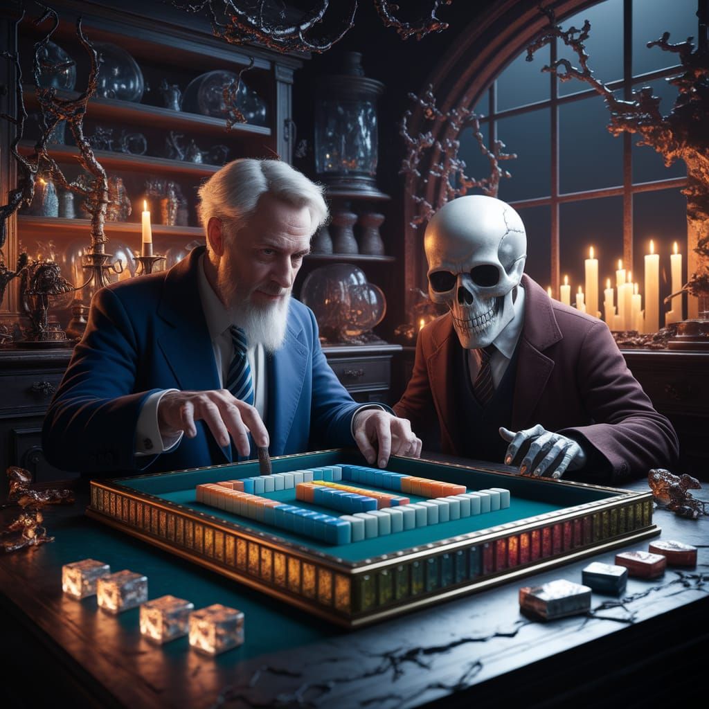 Wizard Playing Mahjong with a Skull in Laboratory