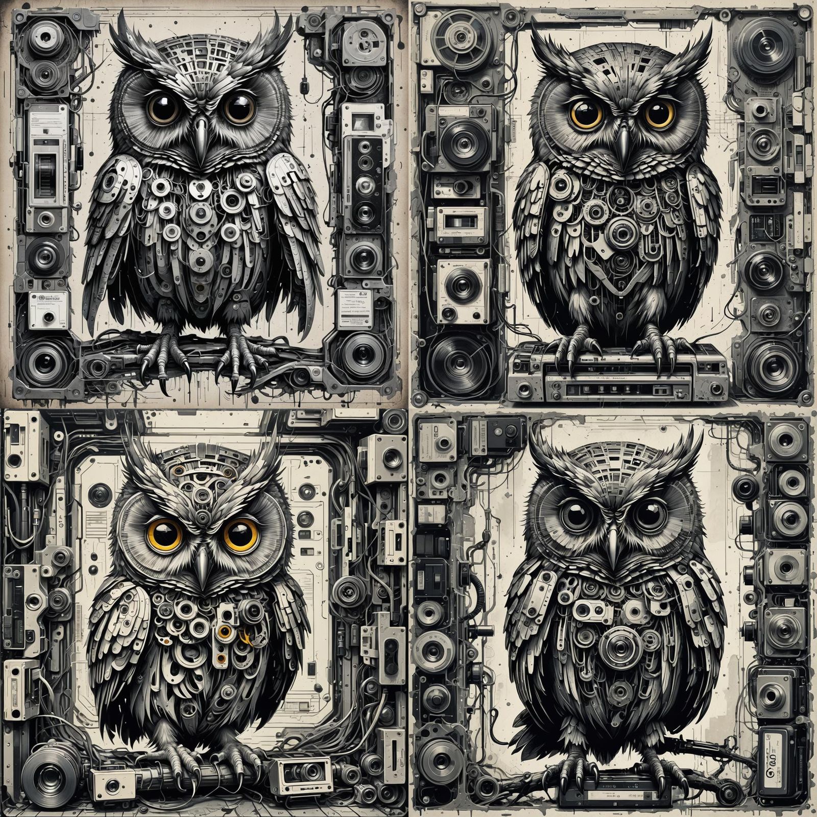 Monochrome Biopunk Owl in Hacker Lab