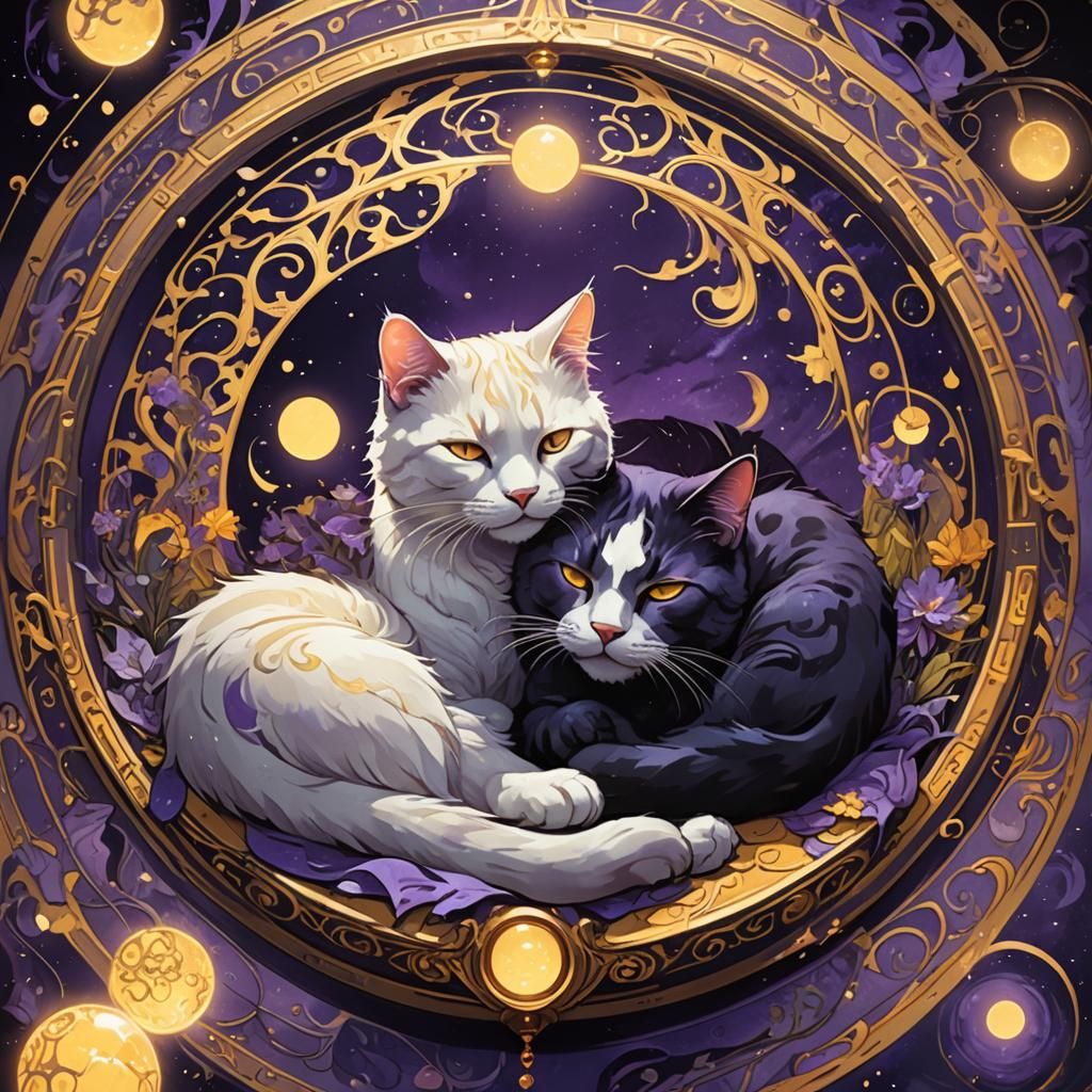 Yin Yang Cats in Glowing Orb, Dark Fantasy Art